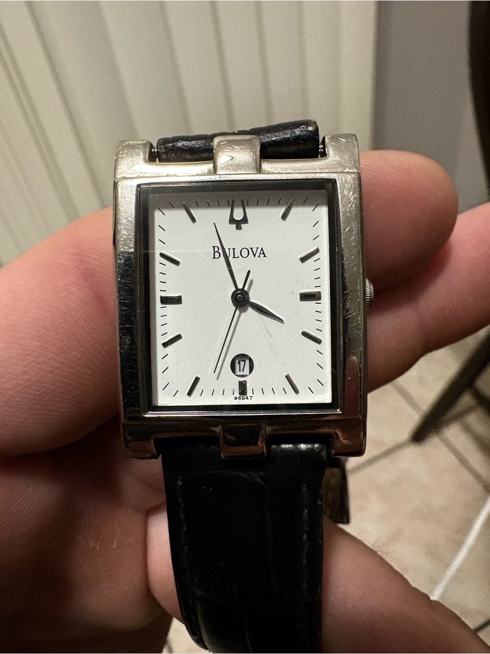Bulova Men’s Silver Case Black Leather Strap Dress Watch - Black/White